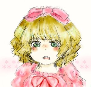 Rating: Safe Score: 0 Tags: 1girl blonde_hair blush bow eyebrows_visible_through_hair green_eyes hina_ichigo hinaichigo image looking_at_viewer open_mouth pink_bow portrait ribbon short_hair sketch solo upper_body User: admin