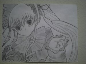 Rating: Safe Score: 0 Tags: 1girl dress frills greyscale image long_hair long_sleeves looking_at_viewer monochrome photo ribbon shinku simple_background solo traditional_media twintails upper_body very_long_hair User: admin