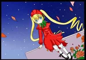 Rating: Safe Score: 0 Tags: 1girl blonde_hair blue_eyes bonnet bow dress flower image letterboxed long_hair long_sleeves pantyhose petals pillarboxed shinku sky solo star_(sky) starry_sky twintails white_legwear User: admin