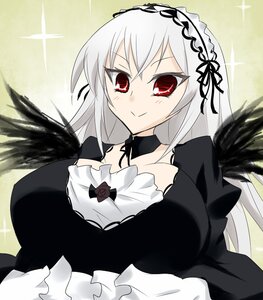 Rating: Safe Score: 3 Tags: 1girl black_ribbon black_wings breasts choker detached_collar dress feathered_wings feathers flower frills hairband image long_hair long_sleeves looking_at_viewer red_eyes rose silver_hair smile solo sparkle suigintou upper_body wings User: admin