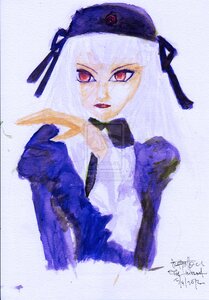 Rating: Safe Score: 0 Tags: 1girl bangs black_ribbon dated hat image long_hair long_sleeves looking_at_viewer red_eyes ribbon signature simple_background solo suigintou traditional_media upper_body white_hair User: admin