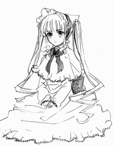 Rating: Safe Score: 0 Tags: 1girl animal_ears blush bow bowtie capelet dress greyscale image long_hair long_sleeves looking_at_viewer monochrome shinku simple_background solo twintails v_arms very_long_hair white_background User: admin