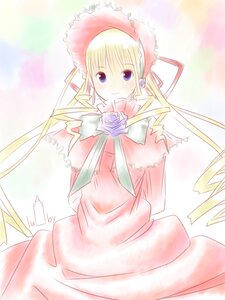 Rating: Safe Score: 0 Tags: 1girl blonde_hair blue_eyes bonnet dress drill_hair flower image long_hair long_sleeves looking_at_viewer ribbon rose shinku smile solo User: admin