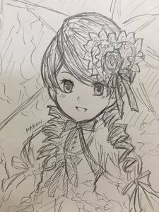 Rating: Safe Score: 0 Tags: 1girl blush dress drill_hair eyebrows_visible_through_hair flower frills graphite_(medium) greyscale hair_flower hair_ornament image kanaria looking_at_viewer monochrome open_mouth ribbon sketch smile solo traditional_media User: admin