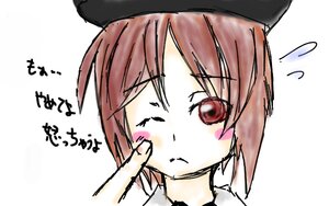 Rating: Safe Score: 0 Tags: 1girl ;< artist_request black_headwear blush brown_hair cheek_poking close-up closed_mouth eyebrows_visible_through_hair face flying_sweatdrops frown hat image index_finger_raised one_eye_closed portrait red_eyes rozen_maiden shirt short_hair simple_background solo souseiseki upper_body white_background User: admin