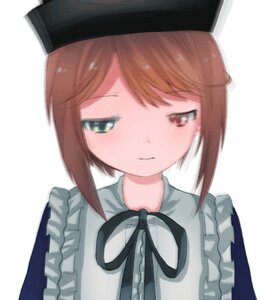 Rating: Safe Score: 0 Tags: 1girl apron blush brown_hair closed_mouth dress eyebrows_visible_through_hair frills green_eyes hat image looking_at_viewer ribbon simple_background solo souseiseki upper_body white_background User: admin