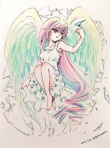 Rating: Safe Score: 0 Tags: 1girl barefoot dress frilled_dress frills image long_hair pink_hair red_eyes solo suiseiseki traditional_media very_long_hair white_dress wings User: admin