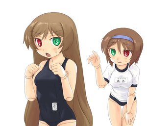 Rating: Safe Score: 0 Tags: 2girls blush brown_hair buruma green_eyes gym_uniform hairband heterochromia image joints long_hair multiple_girls name_tag one-piece_swimsuit open_mouth pair red_eyes school_swimsuit short_hair siblings sisters souseiseki suiseiseki swimsuit twins User: admin