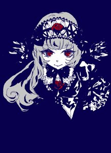 Rating: Safe Score: 0 Tags: 1girl bangs blue_background closed_mouth dress eyebrows_visible_through_hair flower fur_trim image long_hair long_sleeves looking_at_viewer monochrome red_eyes rose simple_background smile solo spot_color suigintou User: admin