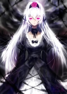 Rating: Safe Score: 0 Tags: 1girl bangs black_dress black_ribbon blurry closed_mouth depth_of_field dress expressionless flower frills gothic_lolita hairband image lolita_fashion long_hair long_sleeves looking_at_viewer pink_eyes rose signature silver_hair solo suigintou very_long_hair User: admin