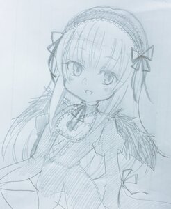 Rating: Safe Score: 0 Tags: 1girl :d bangs blue_theme blush dress eyebrows_visible_through_hair frills hairband image juliet_sleeves long_hair long_sleeves looking_at_viewer monochrome open_mouth puffy_sleeves simple_background smile solo suigintou traditional_media wings User: admin