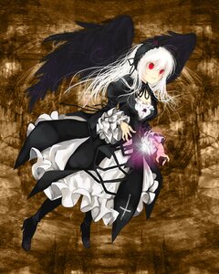 Rating: Safe Score: 0 Tags: 1girl black_dress black_wings boots caterpillar_(artist) detached_collar dress feathers flower frilled_sleeves frills full_body hairband highres image long_hair long_sleeves looking_at_viewer red_eyes ribbon rose rozen_maiden silver_hair smile solo suigintou white_hair wings User: admin