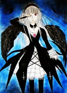 Rating: Safe Score: 0 Tags: 1girl black_wings dress feathers flower frills hairband image long_hair long_sleeves looking_at_viewer one_eye_closed red_eyes rose solo standing suigintou very_long_hair wings User: admin