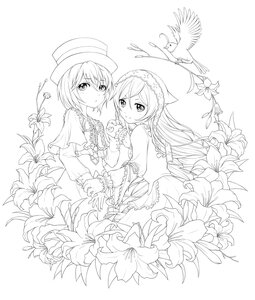 Rating: Safe Score: 0 Tags: 2girls auto_tagged bird blush braid flower frills greyscale hat holding_hands image lily_(flower) lineart long_hair long_sleeves monochrome multiple_girls pair short_hair souseiseki suiseiseki vertical_stripes User: admin