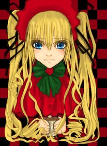 Rating: Safe Score: 0 Tags: 1girl argyle argyle_background blonde_hair blue_eyes bow bowtie checkered checkered_background checkered_floor flower green_bow image long_hair looking_at_viewer rose shinku solo User: admin