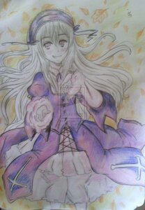 Rating: Safe Score: 0 Tags: 1girl blonde_hair dress flower frills hairband image long_hair long_sleeves looking_at_viewer ribbon rose smile solo suigintou traditional_media watercolor_(medium) User: admin