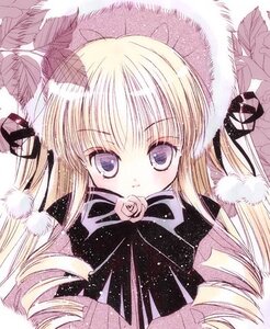 Rating: Safe Score: 0 Tags: 1girl bangs blonde_hair blue_eyes drill_hair flower fur_trim hair_ribbon hat image long_hair pink_rose ribbon rose shinku solo traditional_media User: admin