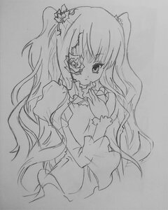 Rating: Safe Score: 0 Tags: 1girl dress eyepatch flower greyscale image juliet_sleeves kirakishou long_hair long_sleeves looking_at_viewer monochrome simple_background solo traditional_media two_side_up upper_body very_long_hair wavy_hair User: admin