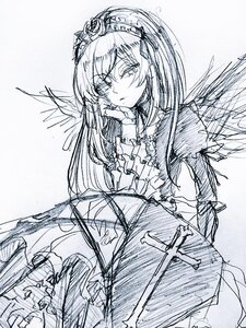 Rating: Safe Score: 0 Tags: 1girl closed_mouth dress flower frills greyscale hairband image lolita_hairband long_hair long_sleeves looking_at_viewer monochrome sketch solo suigintou wings User: admin