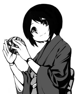 Rating: Safe Score: 0 Tags: 1girl food greyscale image japanese_clothes kimono looking_at_viewer monochrome sash short_hair simple_background smile solo souseiseki striped white_background User: admin