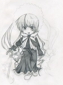 Rating: Safe Score: 0 Tags: 1girl :d bowtie dress full_body greyscale image long_hair long_sleeves looking_at_viewer monochrome open_mouth shinku simple_background smile solo very_long_hair User: admin