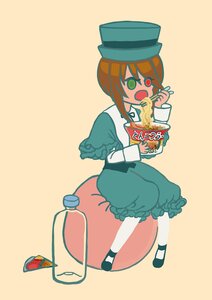 Rating: Safe Score: 0 Tags: 1girl bloomers brown_hair cheese dress eating food frills full_body green_eyes hamburger hat holding_food holding_pizza image long_sleeves short_hair simple_background solo souseiseki top_hat underwear User: admin