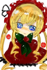 Rating: Safe Score: 0 Tags: 1girl blonde_hair blue_eyes blush bow bowtie dress drill_hair flower image long_hair long_sleeves looking_at_viewer rose shinku simple_background solo white_background User: admin