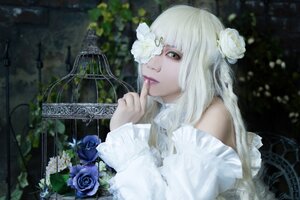 Rating: Safe Score: 0 Tags: 1girl blue_rose blurry depth_of_field dress flower frills green_eyes hair_flower hair_ornament kirakishou lace lips long_hair rose solo upper_body white_hair User: admin