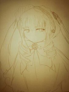 Rating: Safe Score: 0 Tags: 1girl dress flower image long_hair long_sleeves looking_at_viewer monochrome rose shinku sketch solo traditional_media User: admin