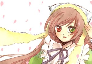 Rating: Safe Score: 0 Tags: 1girl brown_hair dress green_eyes head_scarf heterochromia image long_hair long_sleeves looking_at_viewer neck_ribbon open_mouth petals red_eyes ribbon simple_background solo suiseiseki tears very_long_hair white_background User: admin