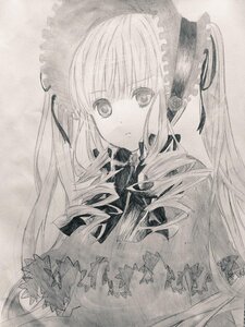 Rating: Safe Score: 0 Tags: 1girl auto_tagged bangs bonnet drill_hair eyebrows_visible_through_hair flower image long_hair looking_at_viewer monochrome photo ribbon ringlets shinku solo traditional_media twintails upper_body User: admin