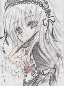 Rating: Safe Score: 0 Tags: 1girl black_ribbon flower frills gothic_lolita hair_ribbon hairband image lolita_fashion lolita_hairband long_hair looking_at_viewer pink_eyes ribbon rose solo suigintou traditional_media User: admin