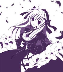 Rating: Safe Score: 0 Tags: 1girl bird breasts dress feathers flower frills hairband image long_hair long_sleeves monochrome rose smile solo suigintou wings User: admin