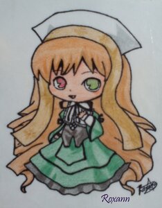 Rating: Safe Score: 0 Tags: 1girl artist_name chibi dress full_body green_dress green_eyes hat heterochromia image long_hair long_sleeves looking_at_viewer open_mouth photo signature simple_background solo suiseiseki traditional_media very_long_hair User: admin