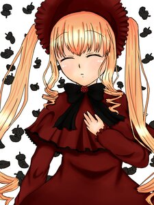 Rating: Safe Score: 0 Tags: 1girl blonde_hair blush bonnet bow bug butterfly closed_eyes dress drill_hair image insect long_hair long_sleeves red_dress shinku solo twintails User: admin