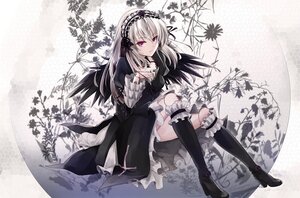 Rating: Safe Score: 0 Tags: 1girl black_dress black_footwear black_legwear boots doll_joints dress flower frills gothic_lolita hairband image joints kneehighs lolita_fashion lolita_hairband long_hair long_sleeves looking_at_viewer pink_eyes ribbon silver_hair sitting solo suigintou wings User: admin