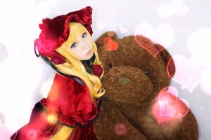 Rating: Safe Score: 0 Tags: 1girl blonde_hair blue_eyes bonnet bow dress flower heart lips long_hair red_dress rose shinku solo stuffed_animal User: admin