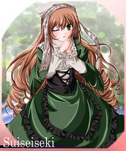 Rating: Safe Score: 0 Tags: 1girl blush border brown_hair dress drill_hair frills green_dress green_eyes head_scarf image long_hair long_sleeves looking_at_viewer one_eye_closed outdoors rozen_maiden ruku_(alicecreation) solo suiseiseki twin_drills very_long_hair User: admin