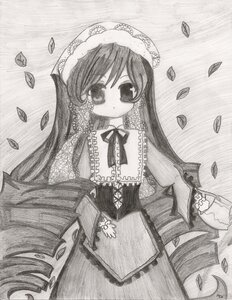 Rating: Safe Score: 0 Tags: 1girl dress frills greyscale image long_hair long_sleeves looking_at_viewer monochrome neck_ribbon petals ribbon rose_petals solo suiseiseki traditional_media very_long_hair User: admin