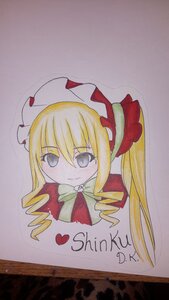 Rating: Safe Score: 0 Tags: 1girl blonde_hair bow closed_mouth drill_hair eyebrows_visible_through_hair hat image long_hair looking_at_viewer marker_(medium) photo shinku smile solo traditional_media User: admin