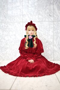 Rating: Safe Score: 0 Tags: 1girl blonde_hair blue_eyes bonnet bow cup dress flower long_hair long_sleeves looking_at_viewer red_dress rose shinku sitting solo tile_floor tiles twintails User: admin