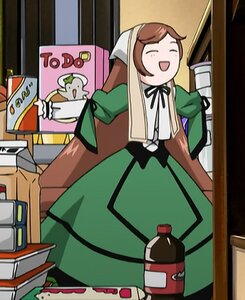 Rating: Safe Score: 0 Tags: 1girl :d apron brown_hair closed_eyes door dress image indoors long_hair long_sleeves open_mouth smile solo standing suiseiseki User: admin