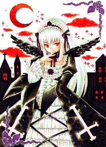 Rating: Safe Score: 0 Tags: 1girl black_wings dress feathers flower frills hairband image lolita_hairband long_hair long_sleeves looking_at_viewer red_eyes ribbon rose solo suigintou wings User: admin