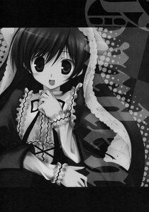 Rating: Safe Score: 0 Tags: 1girl :d argyle argyle_background checkered checkered_background checkered_floor dress frills greyscale image long_sleeves monochrome open_mouth smile solo suiseiseki User: admin