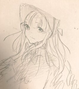 Rating: Safe Score: 0 Tags: 1girl bangs blush closed_mouth eyebrows_visible_through_hair graphite_(medium) image long_hair looking_at_viewer monochrome shinku simple_background sketch smile solo traditional_media upper_body User: admin