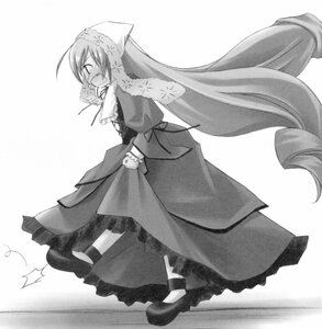 Rating: Safe Score: 0 Tags: 1girl blush dress full_body greyscale head_scarf image long_hair long_sleeves monochrome open_mouth smile solo suiseiseki very_long_hair User: admin