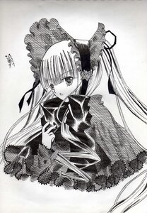 Rating: Safe Score: 0 Tags: 1girl bangs blunt_bangs dated dress eyebrows_visible_through_hair greyscale hair_ribbon image long_hair long_sleeves looking_at_viewer monochrome ribbon shinku signature solo traditional_media twintails upper_body User: admin