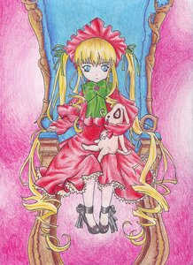 Rating: Safe Score: 0 Tags: 1girl blonde_hair blue_eyes bonnet bow bowtie cup dress full_body green_bow green_neckwear image long_hair long_sleeves looking_at_viewer marker_(medium) red_dress shinku shoes sidelocks sitting solo traditional_media twintails very_long_hair watercolor_(medium) User: admin