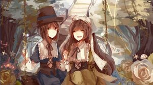 Rating: Safe Score: 0 Tags: 2girls brown_hair capelet closed_eyes dress flower hat image long_hair multiple_girls open_mouth pair ribbon rose short_hair smile souseiseki suiseiseki tree User: admin