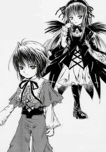 Rating: Safe Score: 0 Tags: 2girls capelet dress gothic_lolita greyscale hairband image lolita_fashion long_hair long_sleeves looking_at_viewer monochrome multiple_girls pair ribbon shinku souseiseki standing suigintou wings User: admin